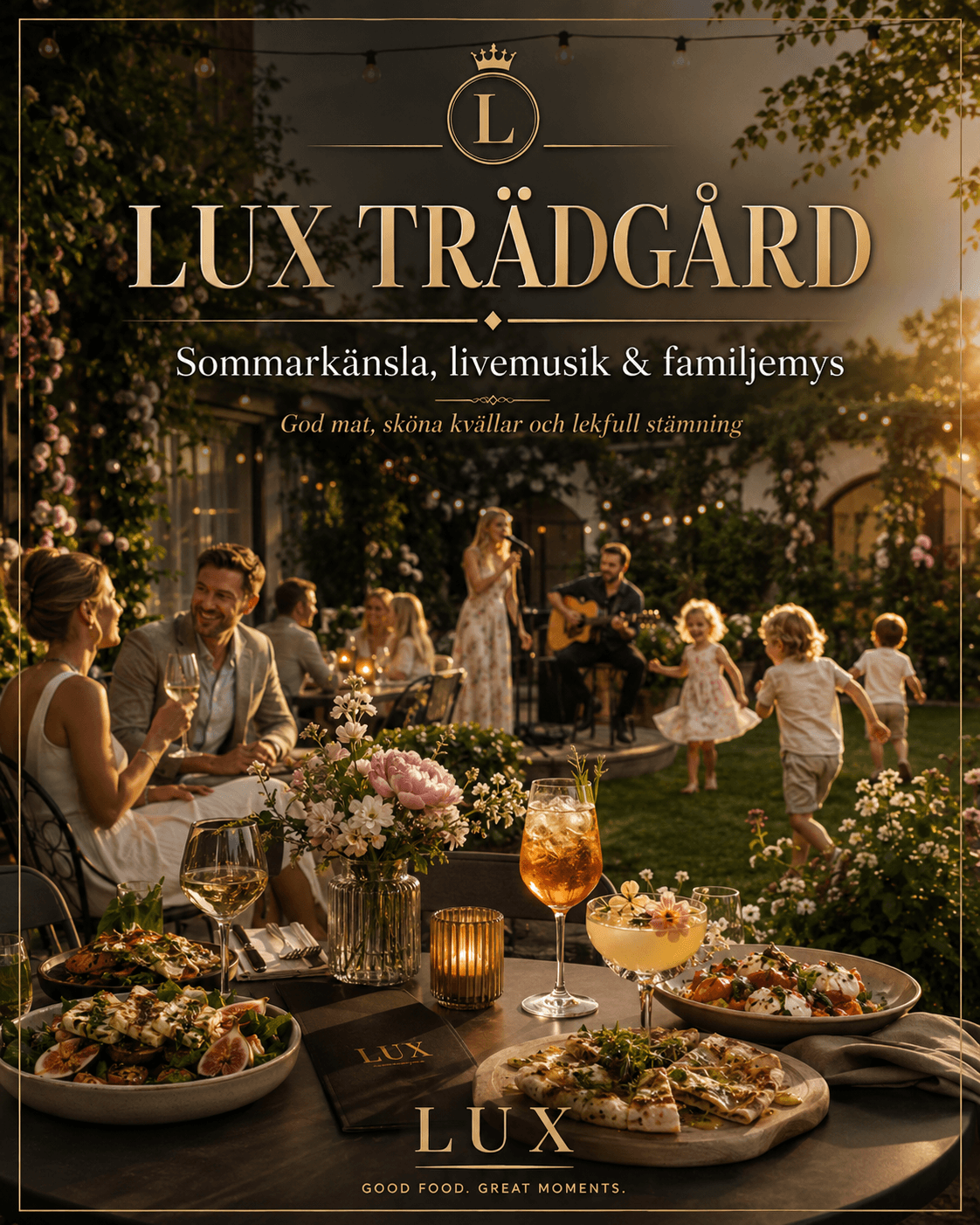 bild på en trädgård med livemusik, gäster och lekande barn